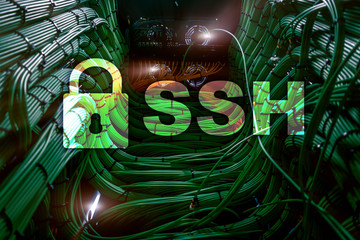 SSH - Secure shell network internet connection. Server room on background.
