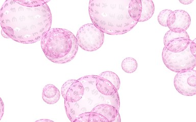 Bitcoin economic financial bubble. Cryptocurrency 3D illustration. Business concept. Pink bubbles on white background. Bit, Coin, mining concept