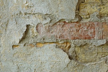 stone texture of gray plaster and bricks on the wall of the house