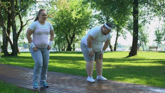 Fat Couple Jogging In Park, Support Each Other, Mutual Desire To Lose Weight