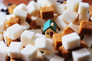 Small house in cubes of white and brown sugar