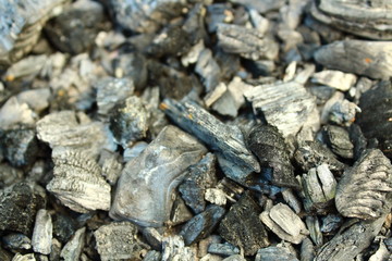 Black dry charcoal in the grill. Close-up. Background. Texture.