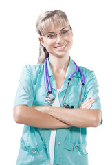 beautiful female doctor with glasses crossed arms isolated portr