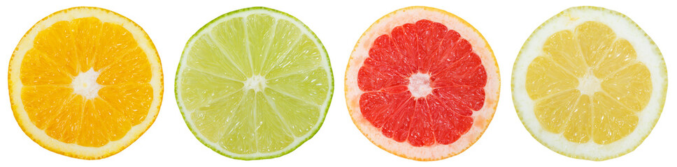 Zitrusfrüchte Südfrüchte Sammlung Orange Zitrone Früchte in einer Reihe geschnitten Hälfte Freisteller freigestellt isoliert - obrazy, fototapety, plakaty