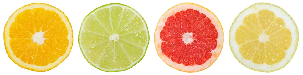 Zelfklevend Fotobehang Zitrusfrüchte Südfrüchte Sammlung Orange Zitrone Früchte in einer Reihe geschnitten Hälfte Freisteller freigestellt isoliert © Markus Mainka