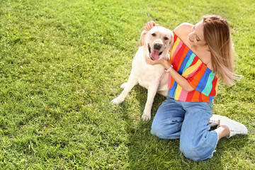 Cute yellow labrador retriever with owner outdoors