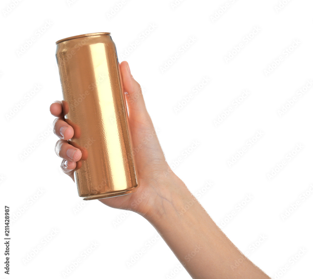 Poster Woman holding aluminum can with beverage on white background