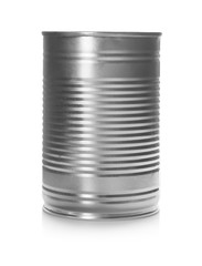 Mockup of tin can with food on white background