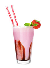 Glass with delicious milk shake on white background