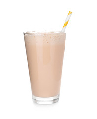 Glass with delicious milk shake on white background
