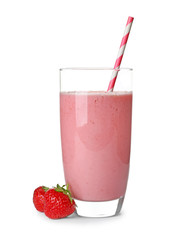 Glass with tasty strawberry smoothie on white background