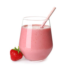 Glass with tasty strawberry smoothie on white background