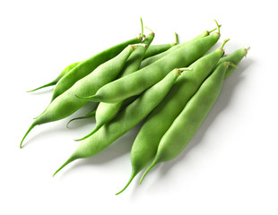 Pile of fresh green beans on white background