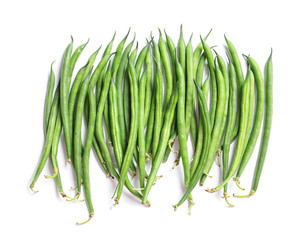 Fresh green French beans on white background
