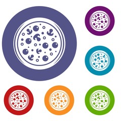 Pizza with olives and mushrooms icons set in flat circle red, blue and green color for web