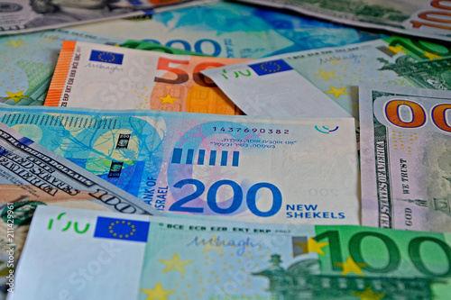 New Series Of Israeli Shekels The Euro And Us Dollars Money New Series Of Israeli Shekels The Euro And Us Dollars Money Background Bills 50 100 200 Close Up Selective Focus