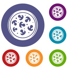 Mushroom pizza icons set in flat circle red, blue and green color for web