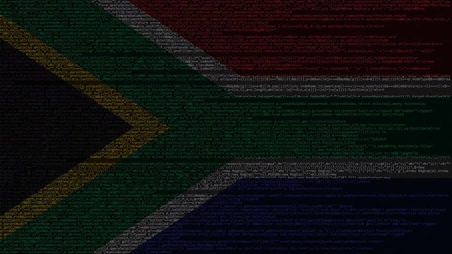 Source code and flag of South Africa. SAR digital technology or programming related loopable animation