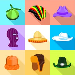 Summer and winter hat icons set. Flat set of 9 summer and winter hat vector icons for web with long shadow