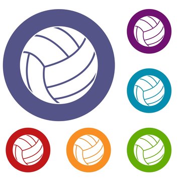 Black volleyball ball icons set in flat circle red, blue and green color for web