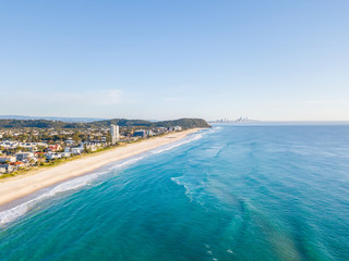 Fototapeta na wymiar An aerial view of Palm Beach on the Gold Coast in Queensland Australia on a clear blue water day
