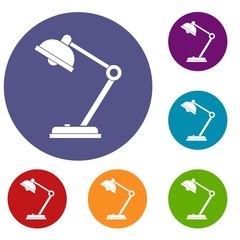 Desk lamp icons set in flat circle red, blue and green color for web