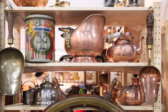 Vintage copper products in the flea market. Moscow. 16.05.2018