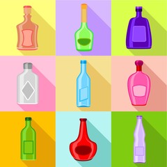 Different bottles icons set. Flat set of 9 different bottles vector icons for web with long shadow