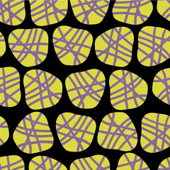 Irregular abstract shapes. Purple and lime dots on a black background. Vector seamless pattern. Great for fabric prints, paper projects, and packaging.