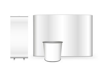 Vector exhibition promo set for an advertising agency. Pop up trade show stand, promotion retail trade stand and roll up banner isolated on the white background