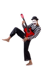 Mime playing guitar isolated on white