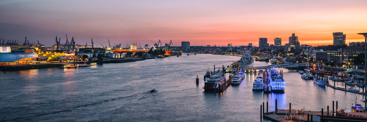 Panoramic view of Port of Hamburg (Hamburger Hafen) with the Elbe river, Germany, Europe