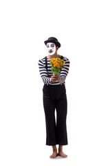 Mime with bunch of flowers isolated on white