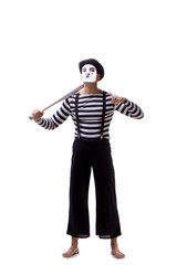 Mime with baseball bat isolated on white