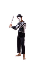Mime with baseball bat isolated on white