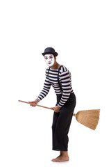 Mime with broom isolated on white background