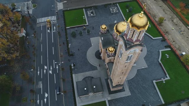 Circling around clock tower of impressive newly constructed Serbian Orthodox cathedral in Banja Luka, Bosnia