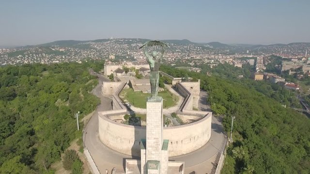 Aerial shot of Budapest Citadell and Liberty statue in Gellert Hill, Hungary