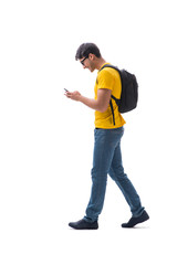 Young student with backpack isolated on white 