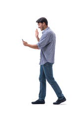 Young student with smartphone isolated on white