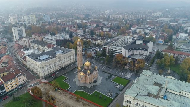 Establishing aerial shot of reconstructed Serbian Orthodox Cathedral in Banja Luka, Bosnia