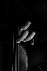 A classically trained musician plays cello, close up black and white