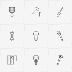 Repairs line icon set with light bulb, hammer and screwdriver