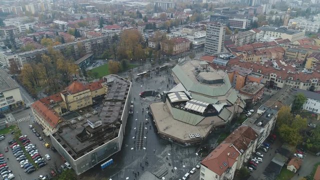 Tilting drone shot of shopping mall in central Banja Luka, the second largest city in Bosnia and Herzegovina