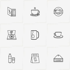 Restaurant line icon set with packet of food , bottle with glass and closed sign
