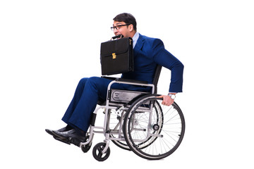 Businessman with wheelchair isolated on white background