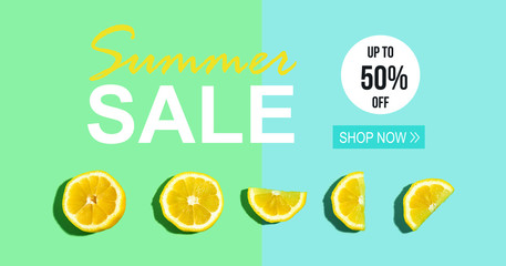 Summer sale with fresh lemon pattern on a bright color background flat lay