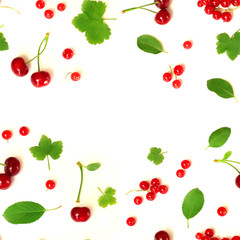 Seamless pattern of fruits. Red currant (Latin Ríbes rúbrum) and cherry (Latin Prúnus subg. Cérasus). Isolated on white background, top view, flat lay. Can be used for wallpapers and packaging.