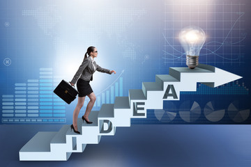 Concept of idea with businesswoman climbing steps stairs