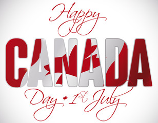Canadian Flag behind Greetings for Canada Day in July 1, Vector Illustration